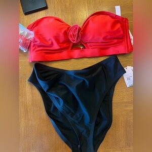 wild fable Red Bandeau Bikini Top with Black High-Waist Bottoms